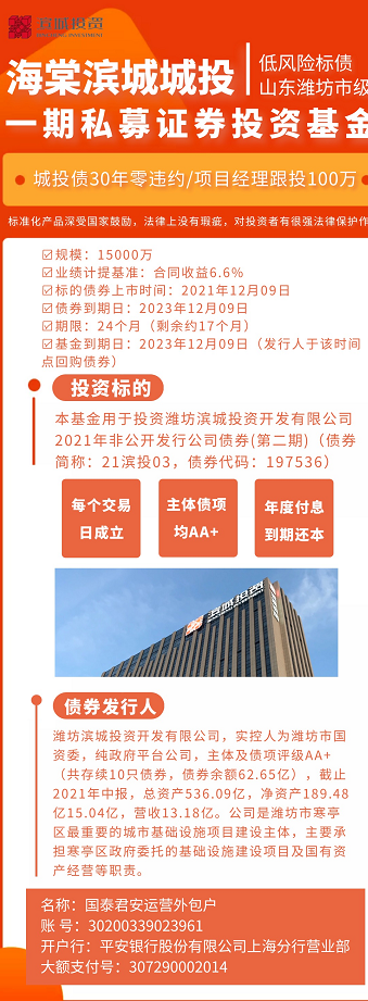 潍坊滨城城投债私募基金，8.5%收益