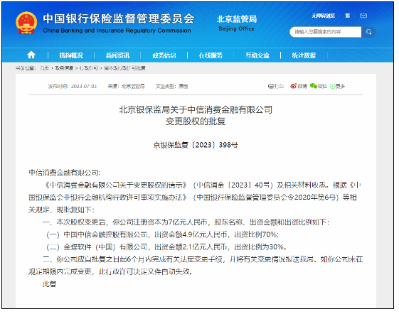 牌照整合再迈一步：中信消金股权变更获批！中信信托退出！