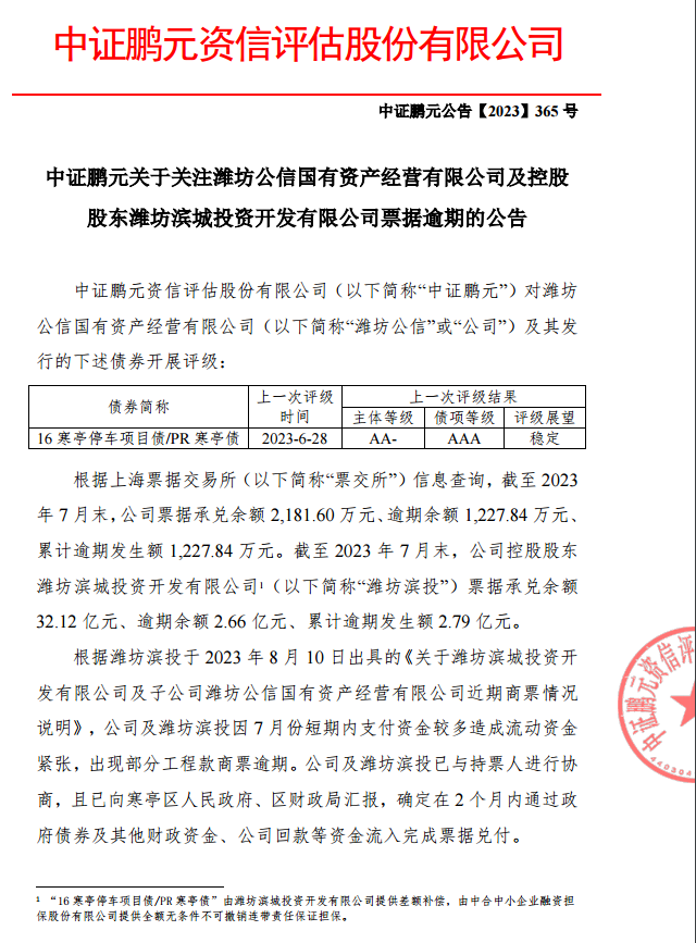 潍坊公信及潍坊滨投出现部分工程款商票逾期，确定2个月内通过政府债券等资金完成兑付