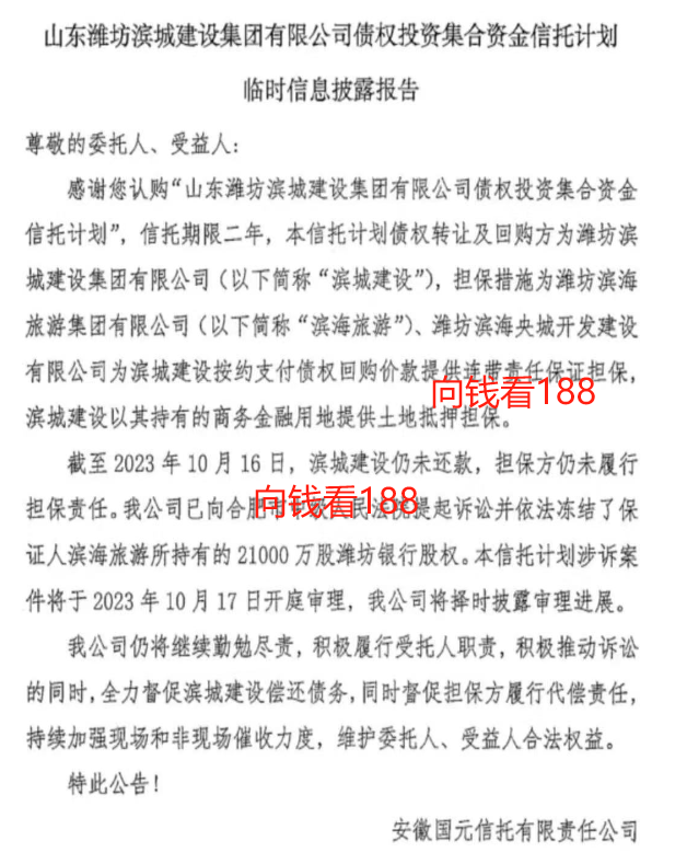 国元信托起诉潍坊滨城建设