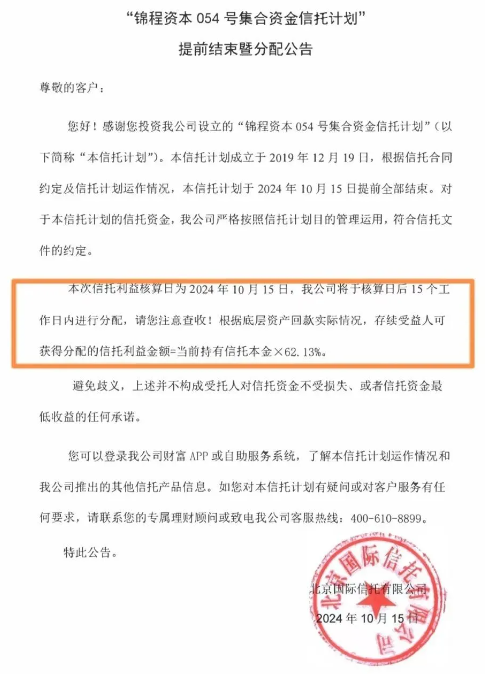 还钱了，某信托公布兑付方案：最高兑付比例99%