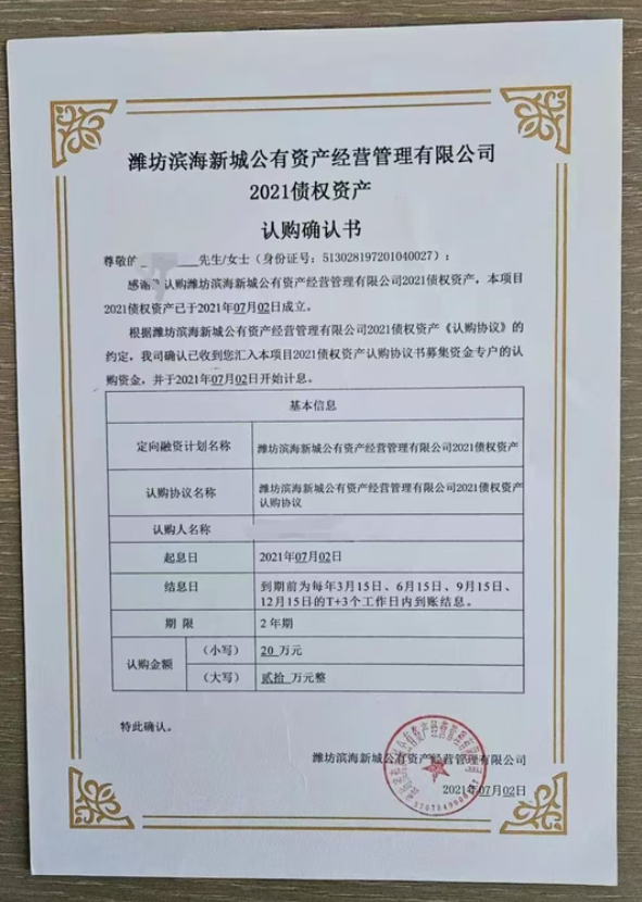山东潍坊滨海大量定融违约